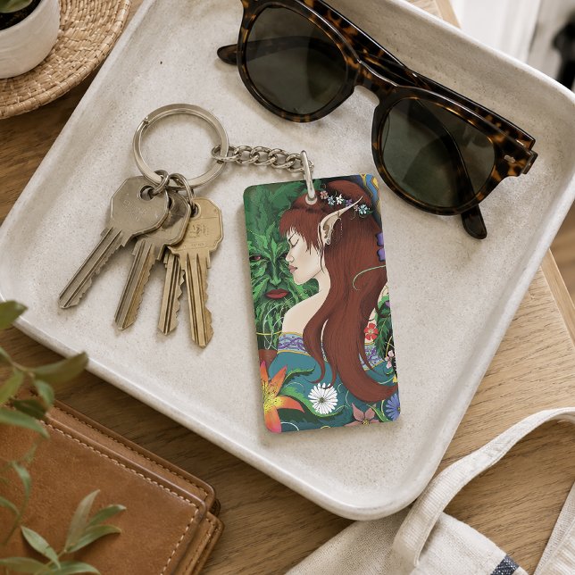 Green Man Elf Fantasy Floral Illustration Key Ring (Creator Uploaded)