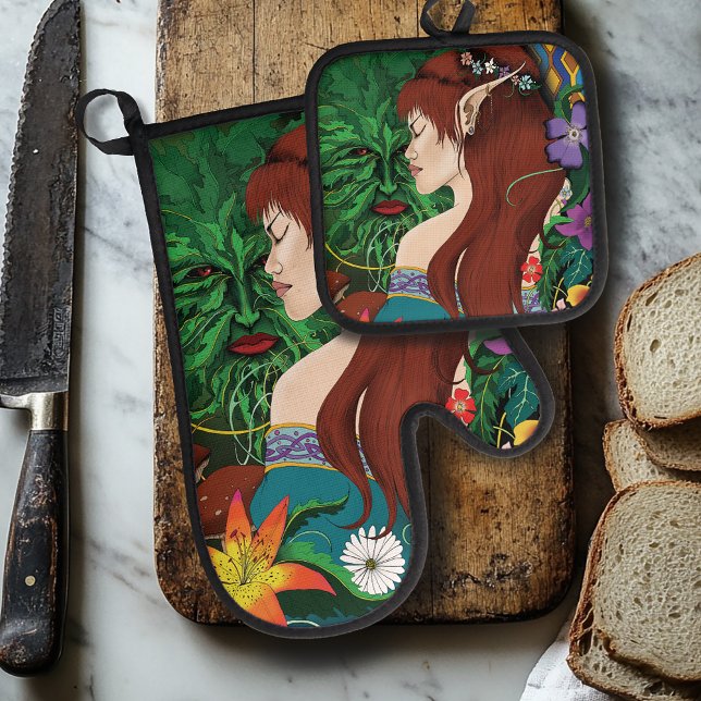Green Man. Elf Fantasy Floral Oven Mitt & Pot Holder Set (Creator Uploaded)