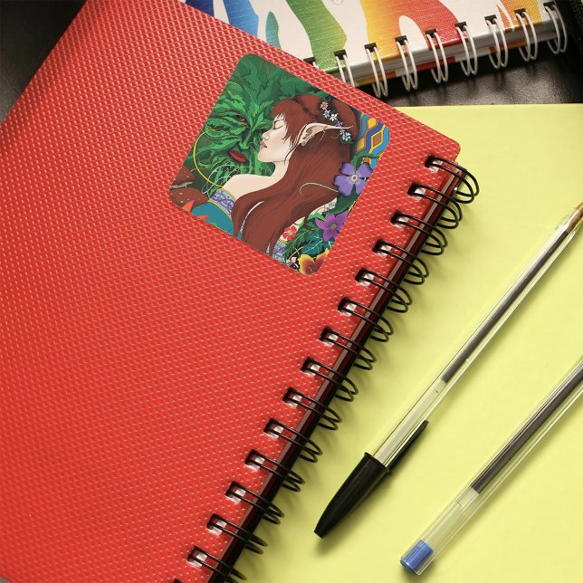 Green Man Elf Fantasy Floral Square Sticker (Creator Uploaded)