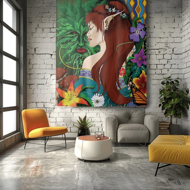 Green Man Elf Fantasy Floral Tapestry (Creator Uploaded)