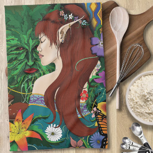 Green Man Elf Fantasy Floral Tea Towel