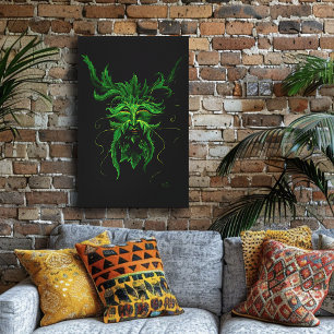 Green Man Fae Leaves Black Canvas Print