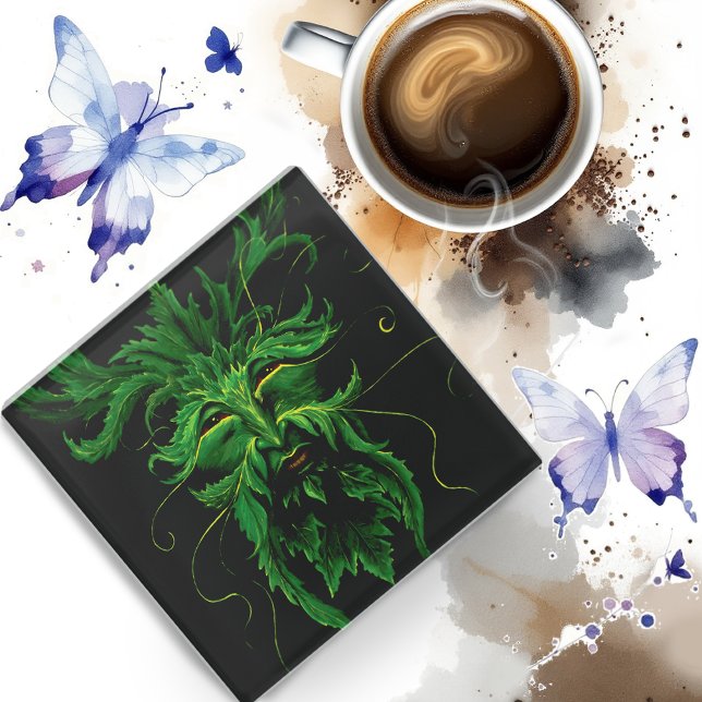 Green Man Fae Leaves Black Glass Coaster (Creator Uploaded)