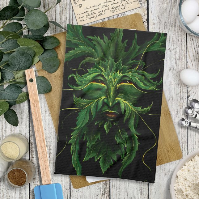 Green Man Fae Leaves Black Tea Towel (Creator Uploaded)