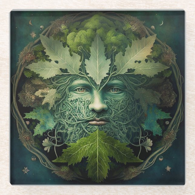 Green Man Mandala Fantasy Art Glass Coaster (Front)
