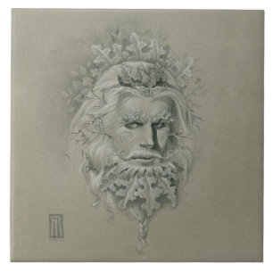 Green Man with Oak Leaf Beard no branches 2 Tile