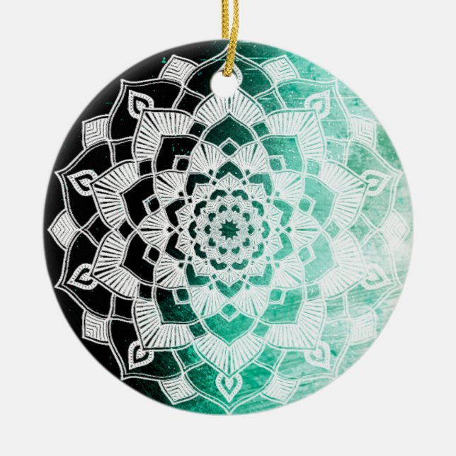 Green Mandala Abstract Beautiful Christmas Ceramic Tree Decoration (Front)