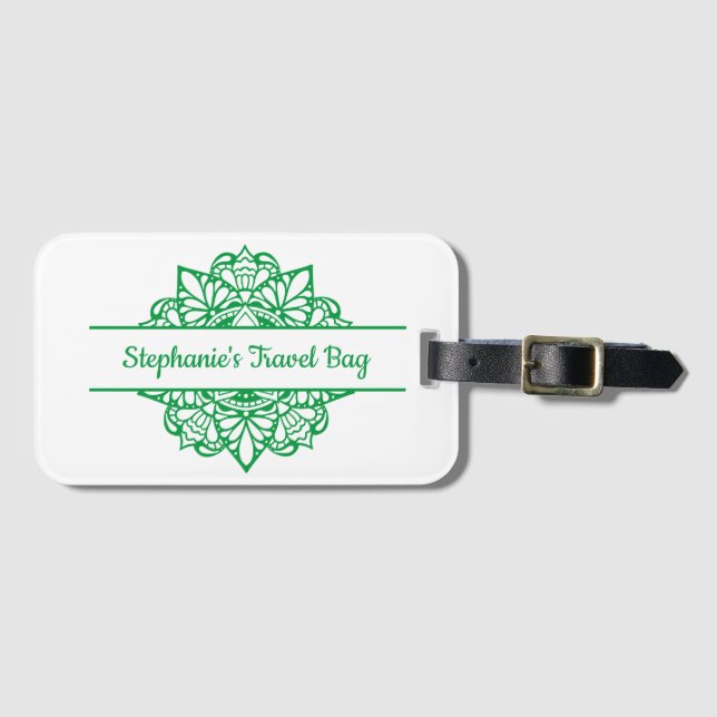 Green Mandala Art Personalised Luggage Tag (Front Horizontal)