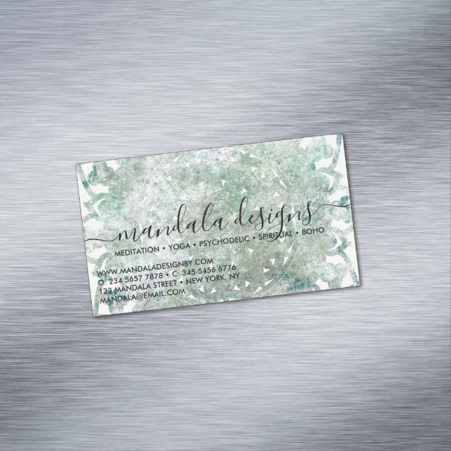 Green Mandala Floral Script Magnetic Business Card (In Situ)