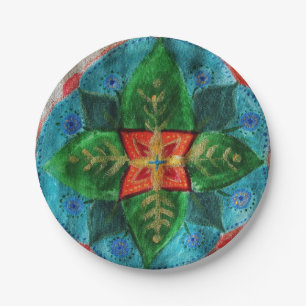 Green Mandala Flower  Custom Paper Plates 7 in