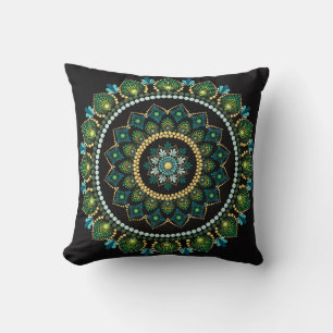 Green Mandala Handpainted Sacred Geometry Cushion