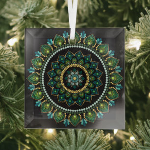 Green Mandala   Handpainted   Sacred Geometry Glass Tree Decoration