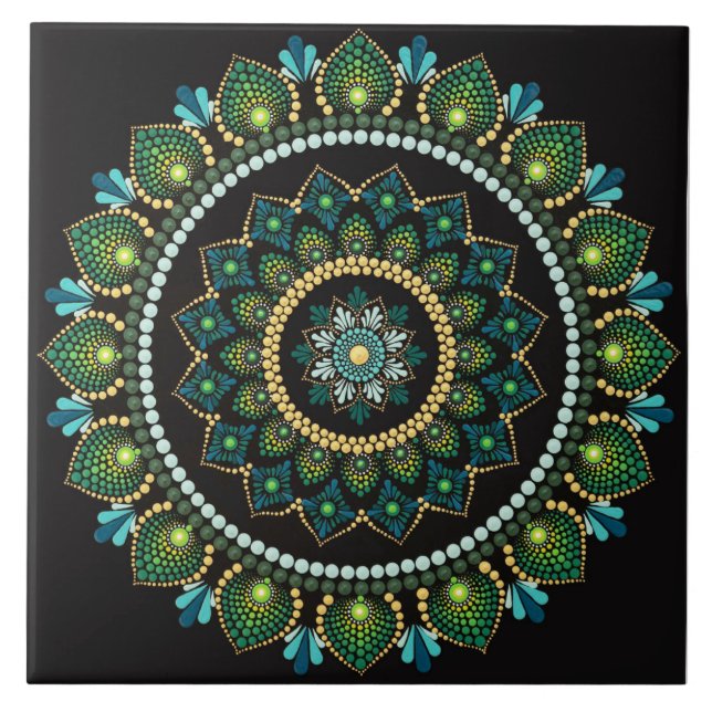 Green Mandala | Handpainted | Sacred Geometry Tile (Front)