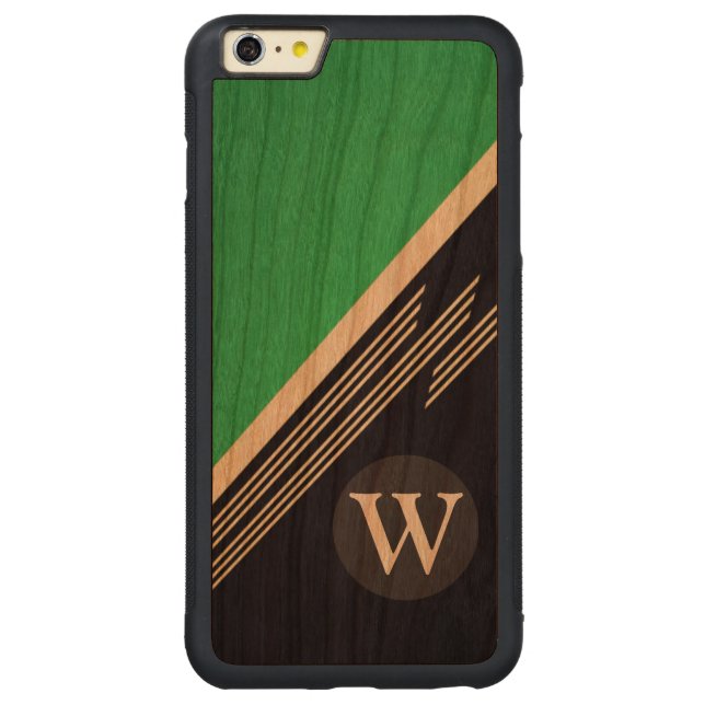 Green Manly Retro Abstract Stripes Custom Monogram Carved Wood iPhone Case (Back)