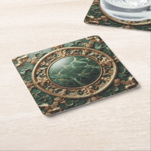 Green Marble And Gold Trim Square Paper Coaster