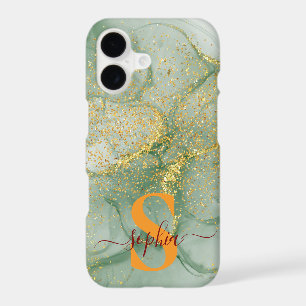 Green marble chic gold glitter monogram