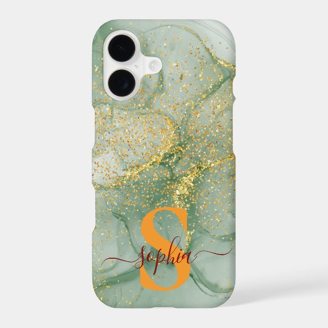 Green marble chic gold glitter monogram (Back)