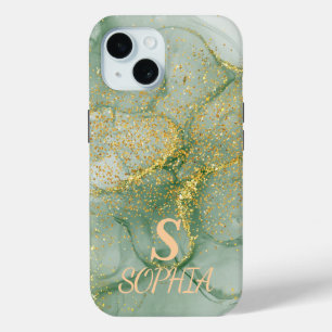 Green marble chic gold glitter monogram iPhone 15 case