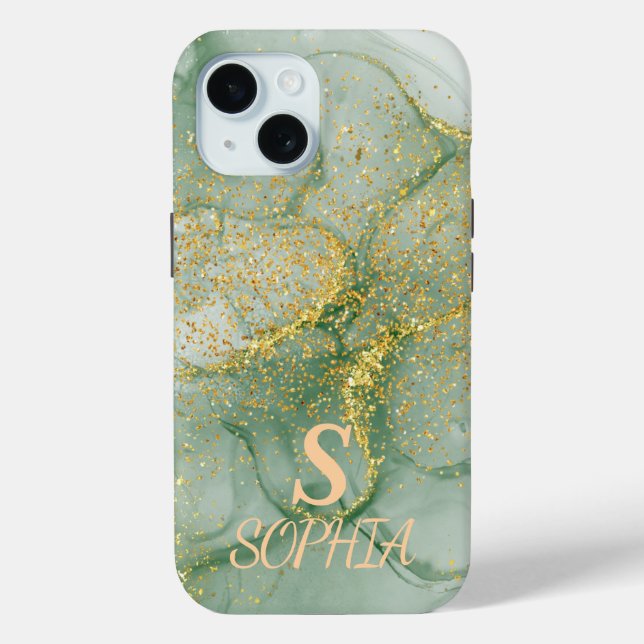 Green marble chic gold glitter monogram Case-Mate iPhone case (Back)