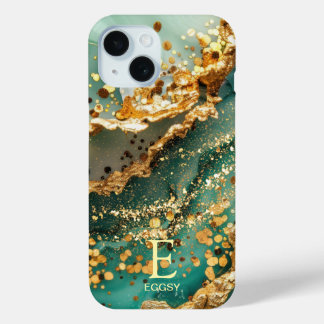 Green marble chic gold glitter monogram iPhone 15 case