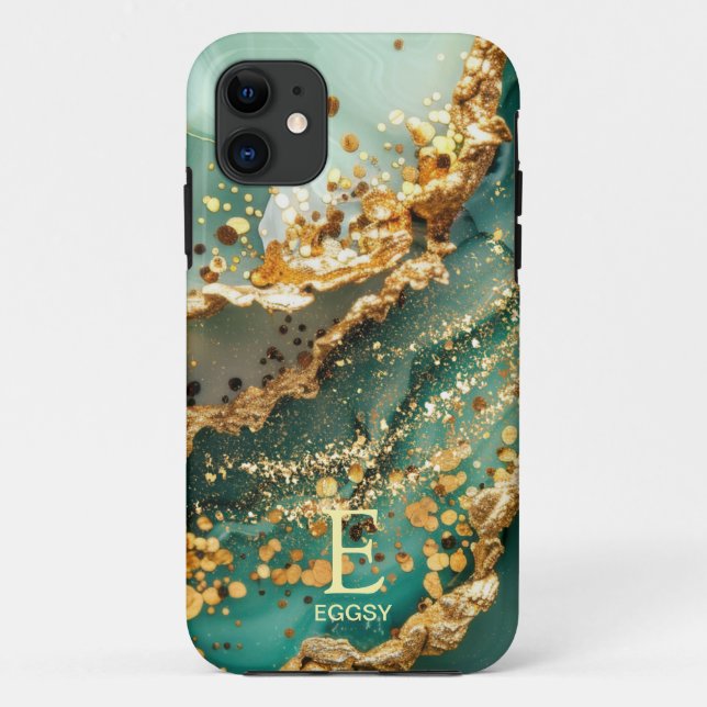 Green marble chic gold glitter monogram Case-Mate iPhone case (Back)