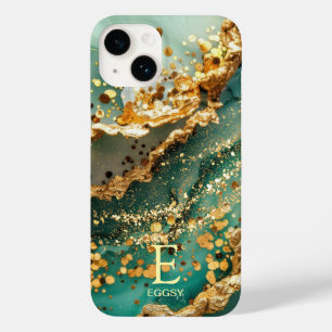 Green marble chic gold glitter monogram Case-Mate iPhone 14 case