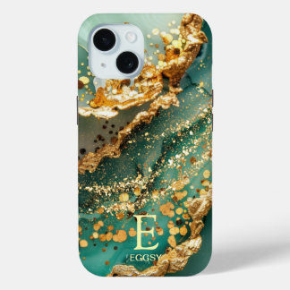 Green marble chic gold glitter monogram iPhone 15 case