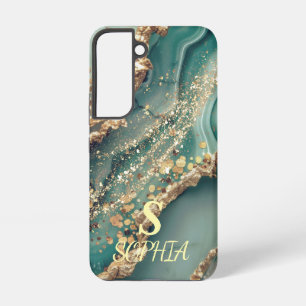 Green marble chic gold glitter monogram samsung galaxy case