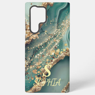 Green marble chic gold glitter monogram samsung galaxy case