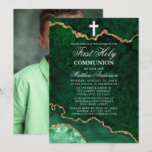 Green Marble Geode Photo First Holy Communion Invitation (Front/Back)