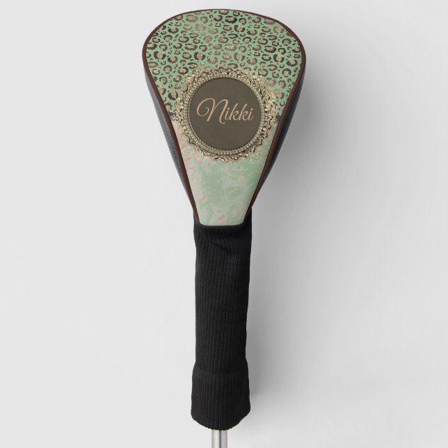  Green Marble Glittery Leopard Personalised        Golf Head Cover (Front)