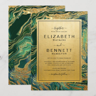Green Marble Gold Glitter Geode Wedding Invitation