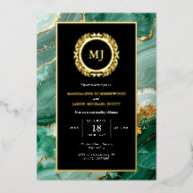 Green Marble Gold Laurel Crest & Black Invitation