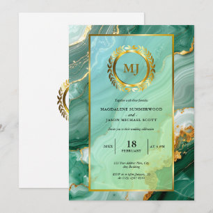 Green Marble Gold Laurel Crest & Frame Wedding Invitation