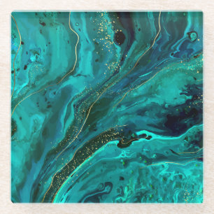 Green Marble & Gold: Luxurious Texture Glass Coaster