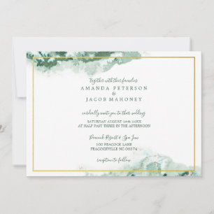 Green Marble Ombre Gold Frame Wedding Announcement