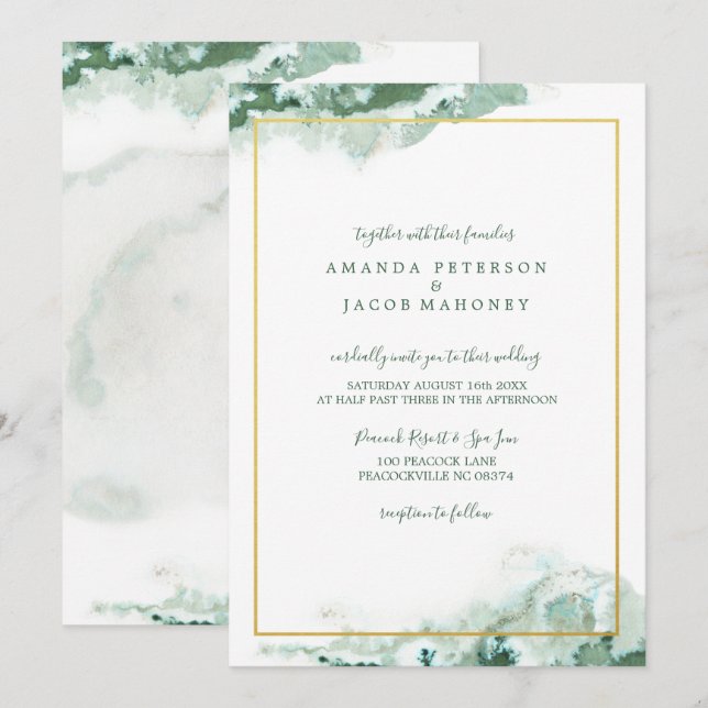 Green Marble Ombre Gold Frame Wedding Invitation (Front/Back)
