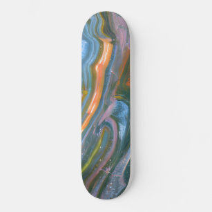 green marble, orange marble, blue, purple, white skateboard