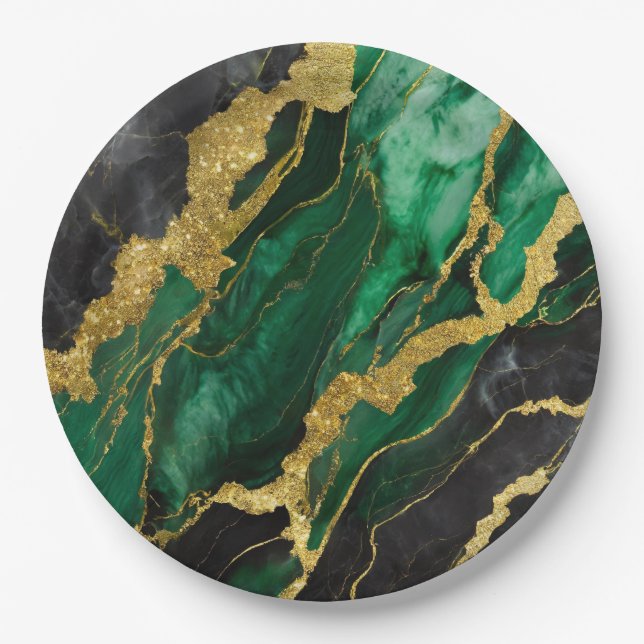 Green Marble Pattern with Gold Paper Plate (Front)