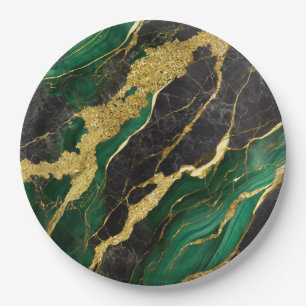 Green Marble Pattern with Gold Paper Plate