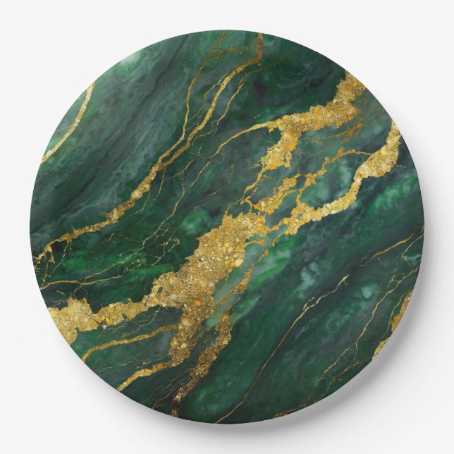 Green Marble Pattern with Gold Paper Plate (Front)