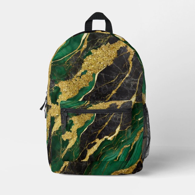 Green Marble Pattern with Gold Printed Backpack (Front)