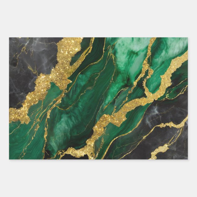 Green Marble Pattern with Gold Wrapping Paper Sheet (Front)