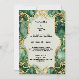 Green Marble Watercolor Gold Trim Elegant Wedding Invitation