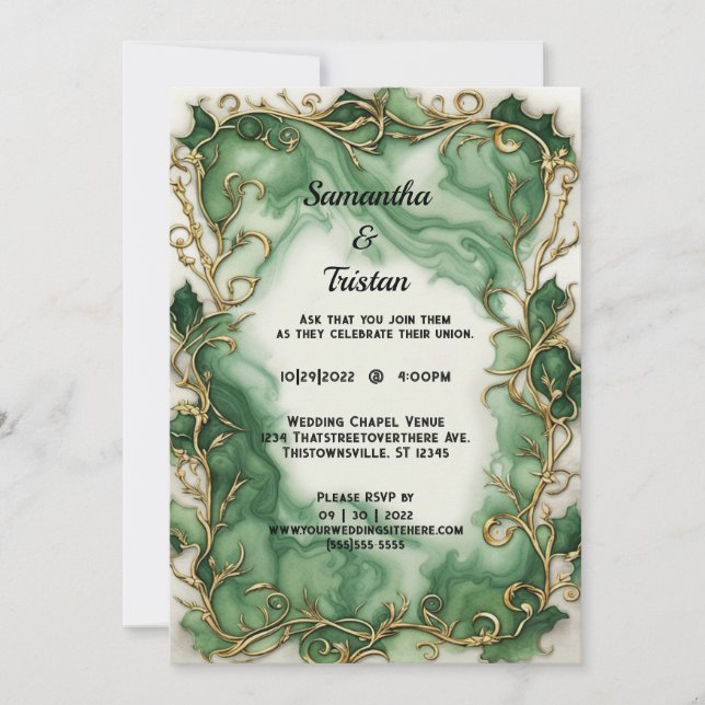 Green Marble Watercolor Ivy Trim Elegant Wedding Invitation (Front)
