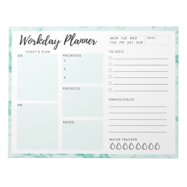 Green Marble Workday Planner Notepad (Front)