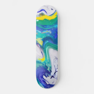 green marble, yellow marble, white, blue, purple skateboard