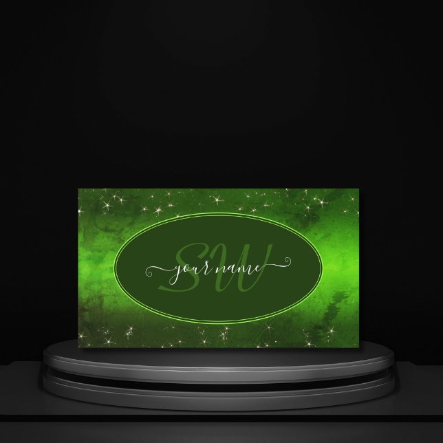 Green Marbled Pattern Cute Glitter Stars Initials Business Card (Creator Uploaded)