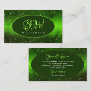 Green Marbled Pattern Cute Glitter Stars Monogram Business Card