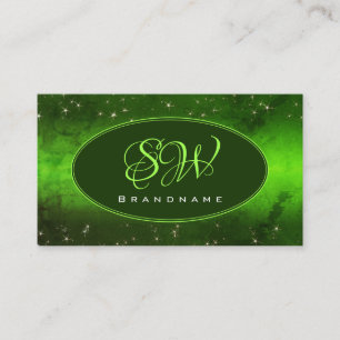 Green Marbled Pattern Cute Glitter Stars Monogram Business Card
